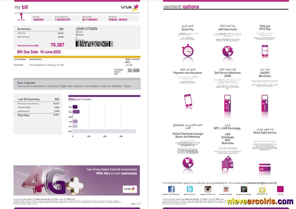 Bahrain Viva my utility bill, 5 pages 1 2